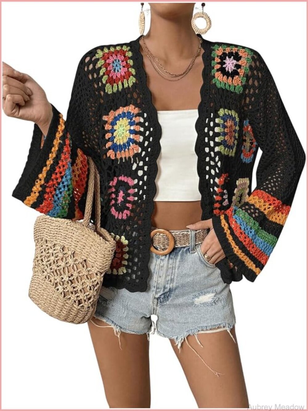 Floral Crochet Cardigan Sweater Lightweight Hollow Out Long Sleeve V-Neck